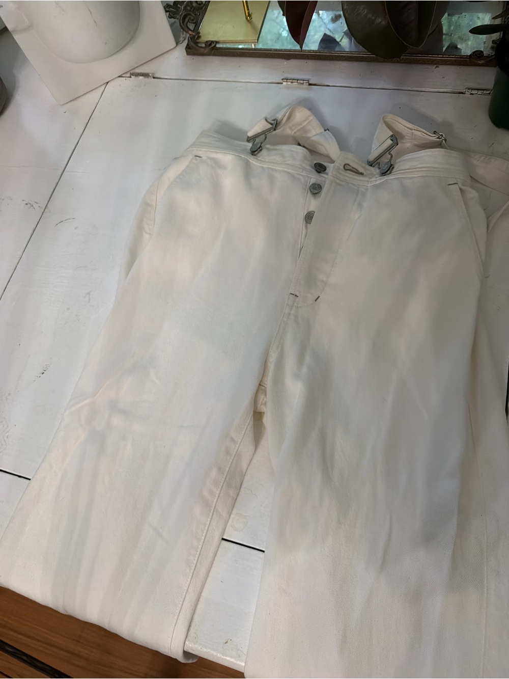 GAP Wide-Leg Cream Button-Fly Jeans with suspenders